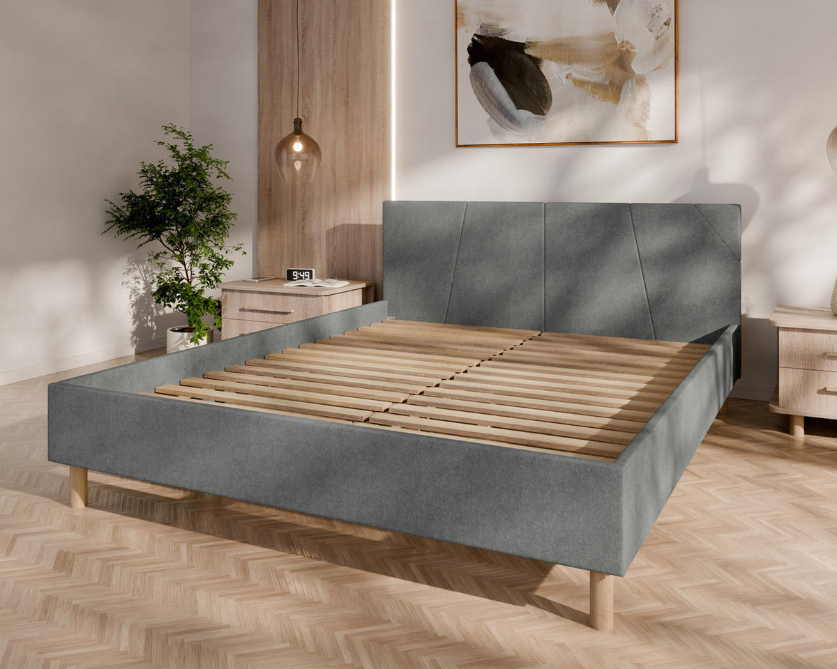 POLSTERBETT ALMORE 160x200cm Elegantes Polsterbett für modernen Wohnstil , Taschenfederkernmatratze mit kokos KORNOS (20cm), grau - Grau, Holz - Homesy