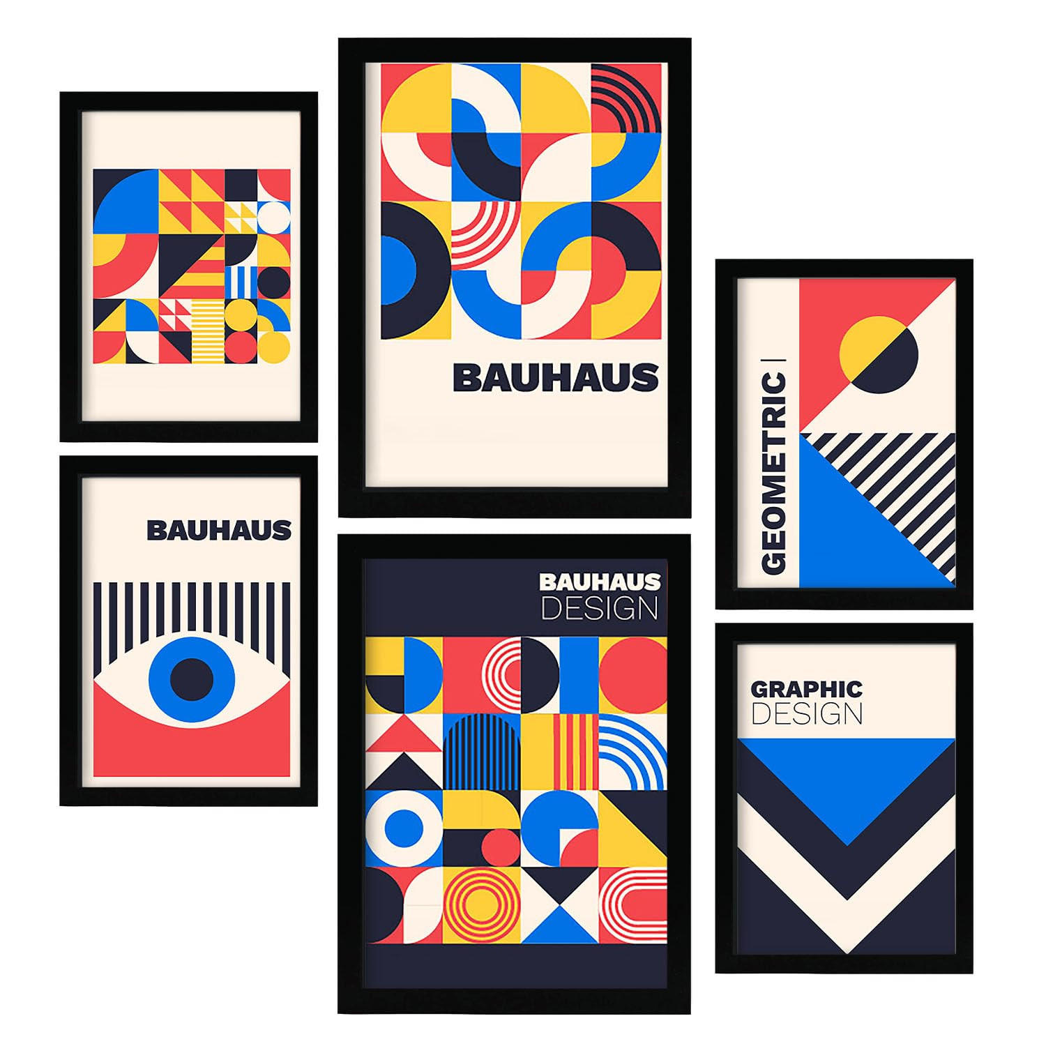 POSTER Set Mit 6 Drucken Im Bauhaus 6 Geometrische Designkollektion Drucke Mit Ästhetische Dekorative Rahmen Für Zuhause A3 & A4 Schwarzer Rahmen - Schwarz, Papier (29/3cm) - Nacnic