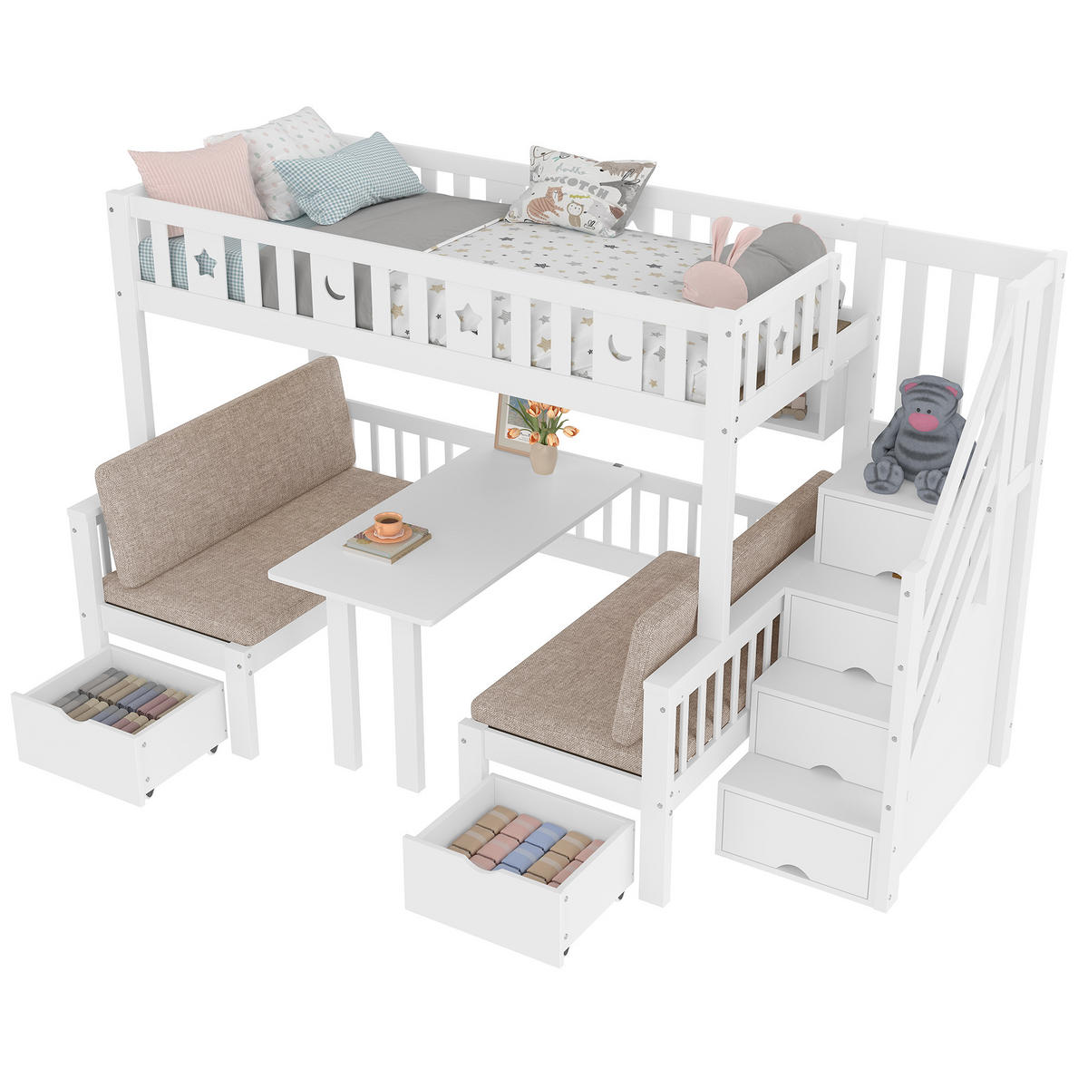 HOCHBETT 90/200 cm 2-in-1-Bett und Schreibtisch mit Stauraumleiter weiß - Weiß, Holz (90/200cm) - OKWISH