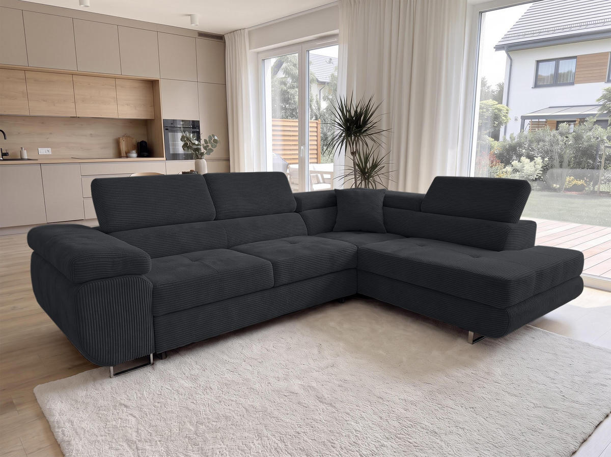 ECKSOFA L Form Konak Schwarz 276/201/90 cm Rechts mit Schlaffunktion - Silberfarben/Schwarz, Textil/Metall (276/203cm) - AX Living