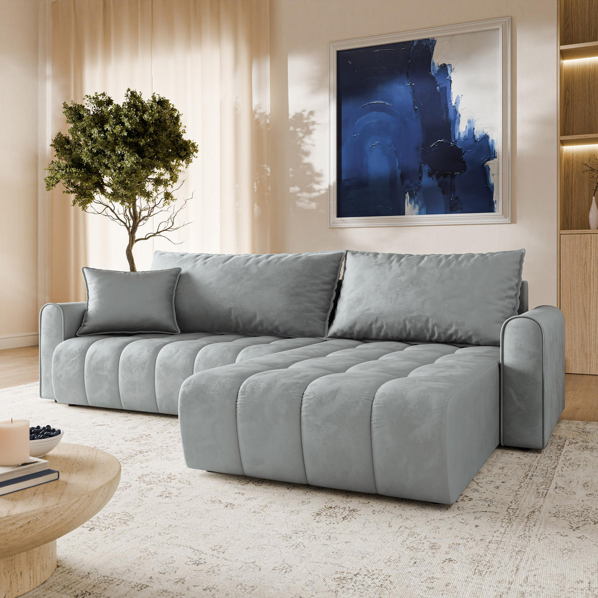 ECKSOFA FRIGA Hellgrau Velours-Stoff mit Schlaffunktion - Hellgrau, Holz (283/185cm) - MASSENO