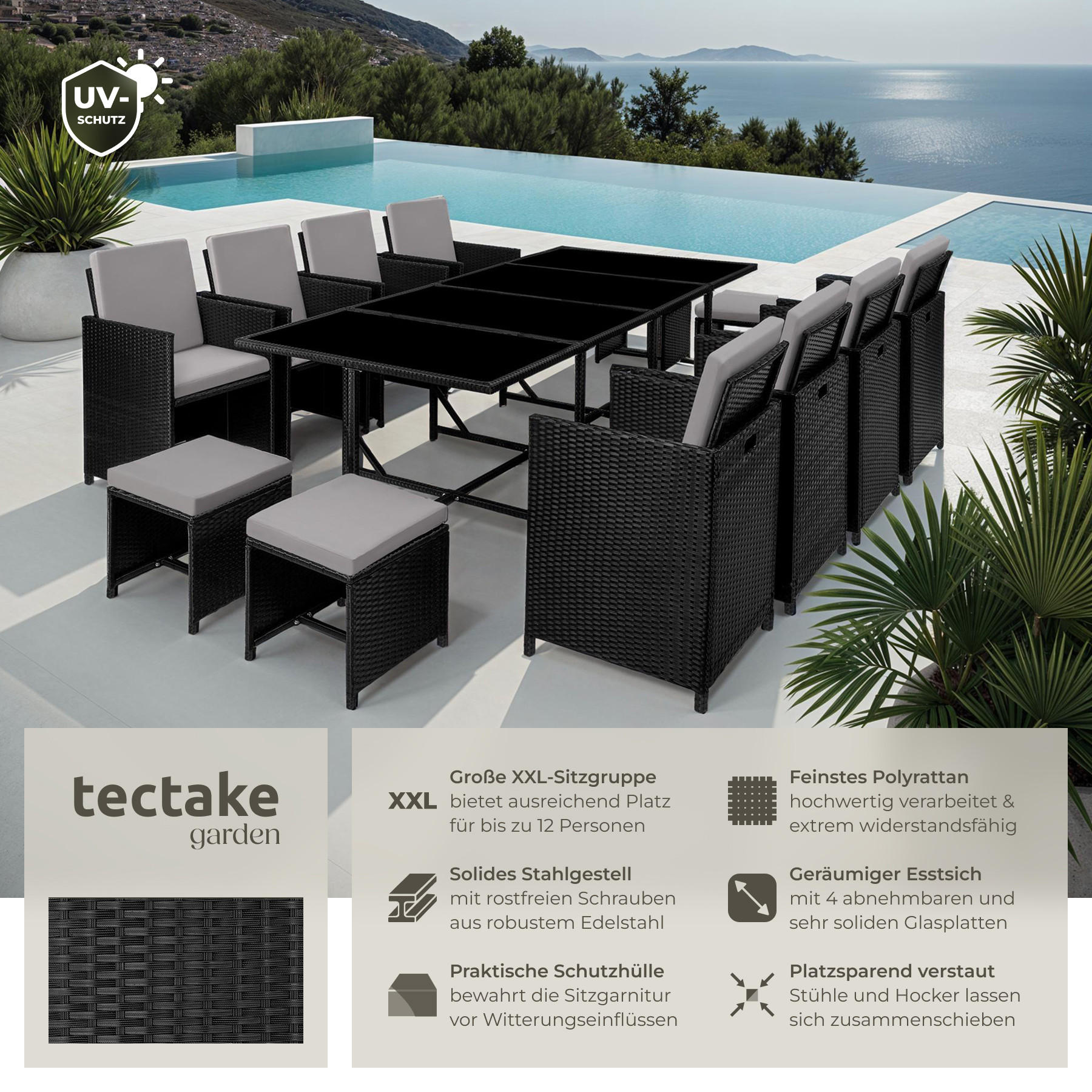 RATTAN SITZGRUPPE Palma,zusammenschiebbar, inklusive Schutzhülle,schwarz/grau - Schwarz/Grau, Kunststoff - tectake