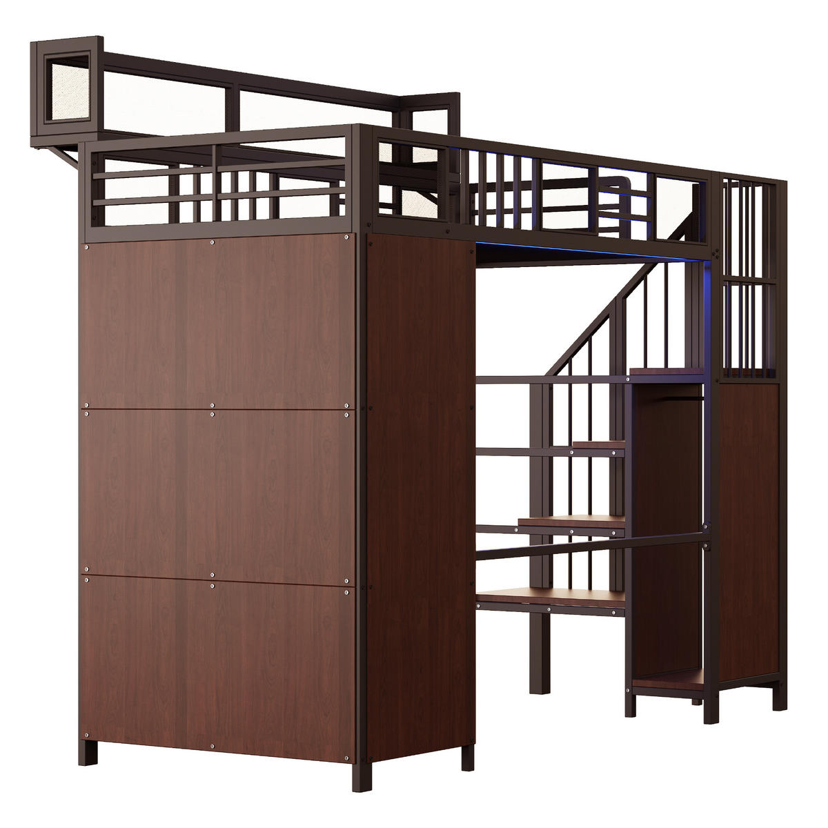 HOCHBETT 90/200 cm Schwarz mit Kleiderschrank mit LED-Beleuchtung aus Metall und Holz - Schwarz, Metall (90/200cm) - OKWISH