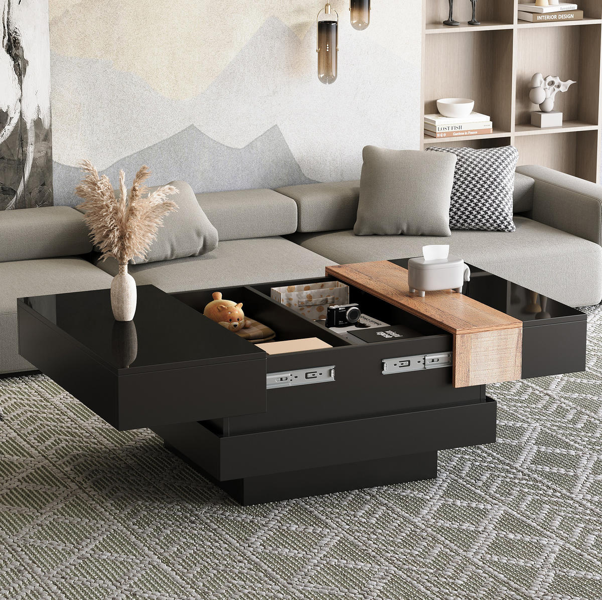 COUCHTISCH 70/70/39 cm mit Stauraum und ausziehbarer Tischplatte - Schwarz, Holzwerkstoff (70/70/39cm) - Flora Grace