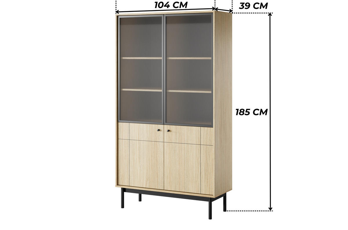 VITRINE SORA W4D (Eiche Linea, Gefräste Front, Riffelglas, Haefele Soft-Close, Holzfüße) - Eichefarben/Schwarz, Glas/Holz (104/185/39cm) - Ravio
