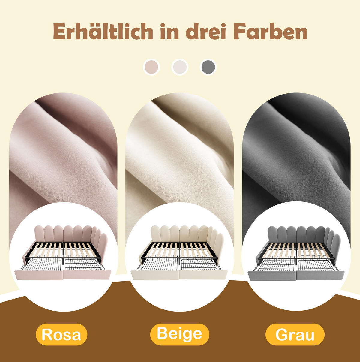 POLSTERBETT 90/190 cm mit 2 Schubladen, Samtbezug und austauschbaren Seitenteilen, Beige - Beige, Textil (90/190cm) - Redom