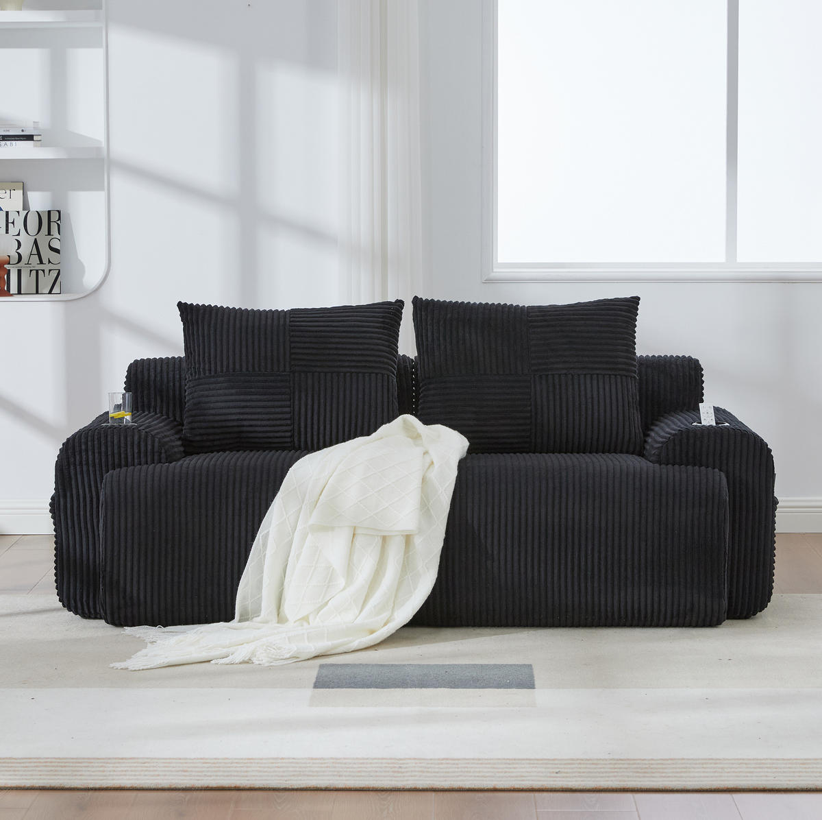 2-SITZER Cordsofa modular mit Getränkehalter und Seitentasche 200/99/80 cm Schwarz - Schwarz, Textil (99/80/200cm) - Redom