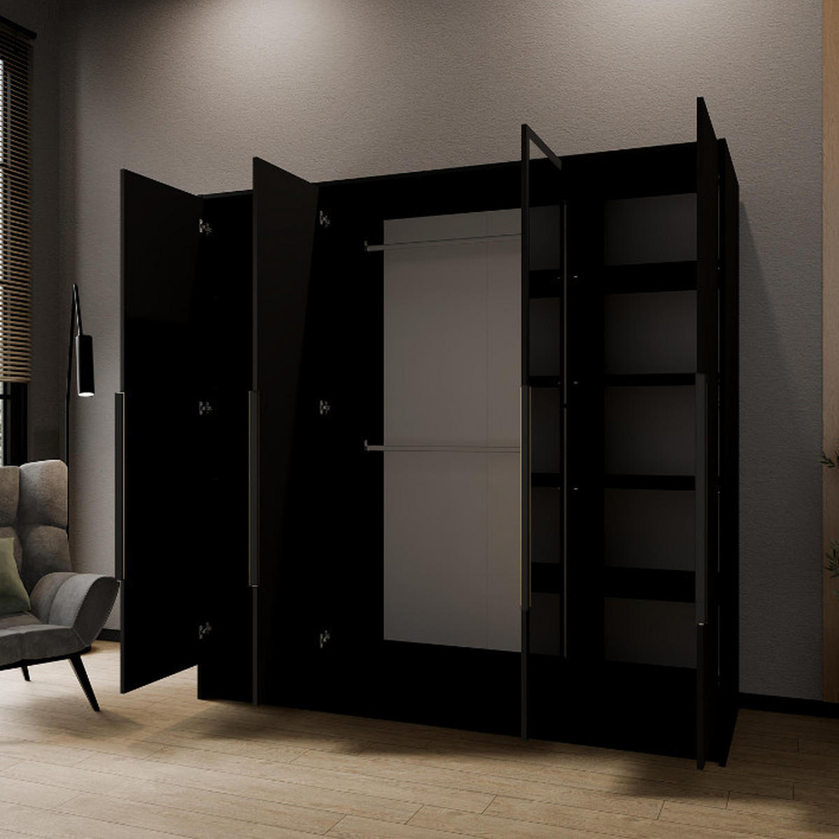 DREHTÜRENSCHRANK Goya II 200 cm mit Spiegel 4-türig, schwarz, schwarze Griffe - Schwarz, Kunststoff (51/200/200cm) - Margaret Hadas24