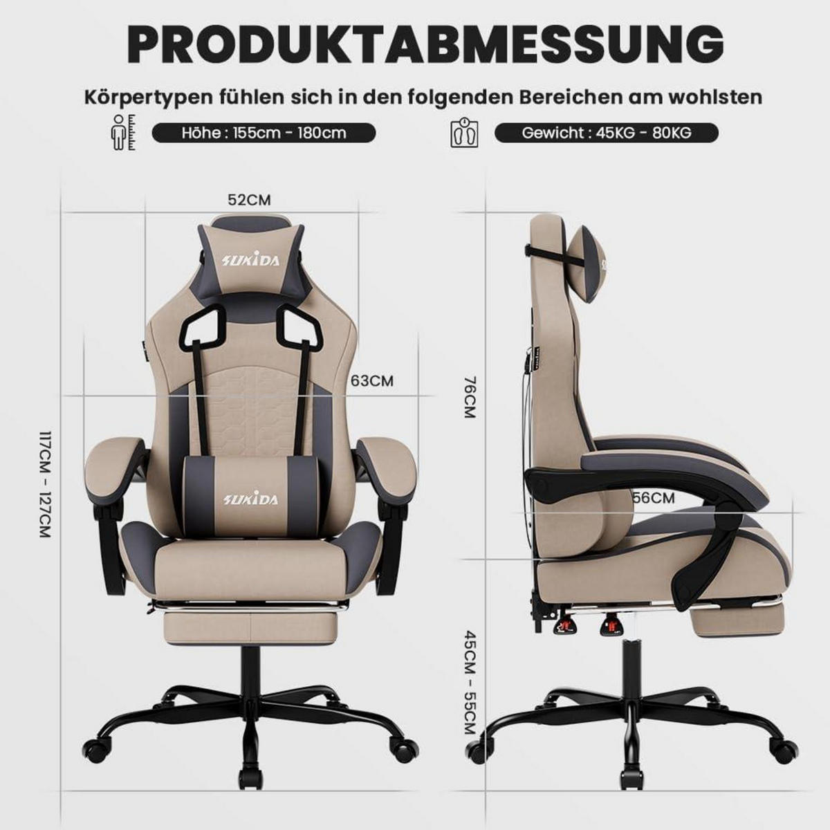 GAMING Stuhl mit Fußstütze Beige - Beige, Textil (57/45/52cm)