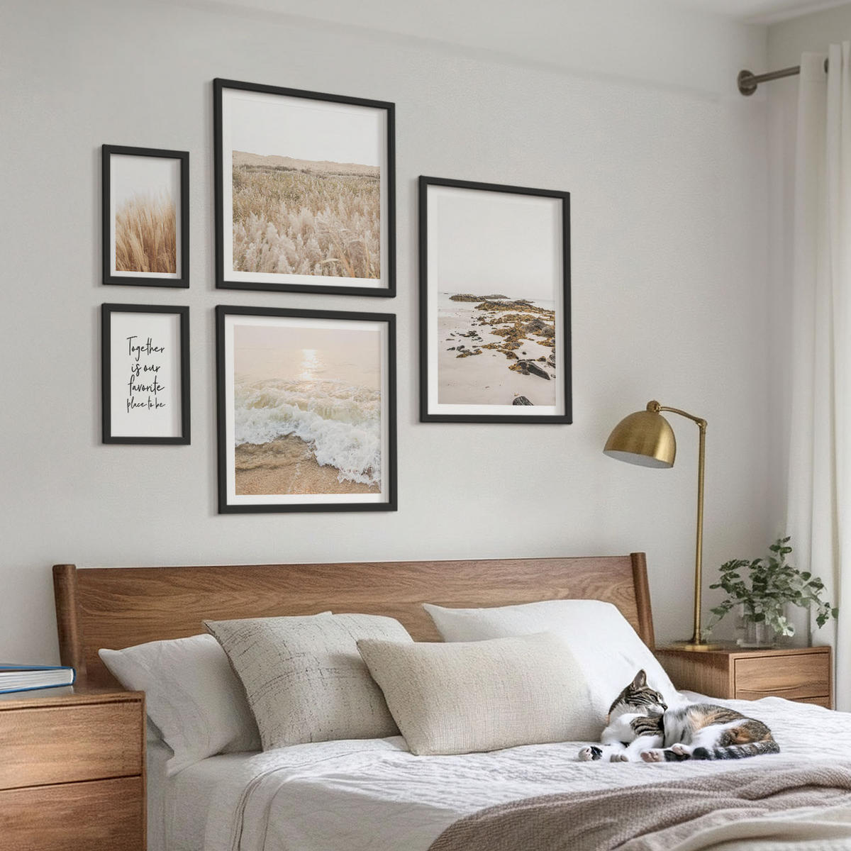 BILDER SET 5er Set - 50x50 cm & 20x30 cm & 40x60 cm Schwarzer Rahmen - Wiesen, Strand, Boho-Stil - Schwarz, Kunststoff (40/60cm) - TULUP