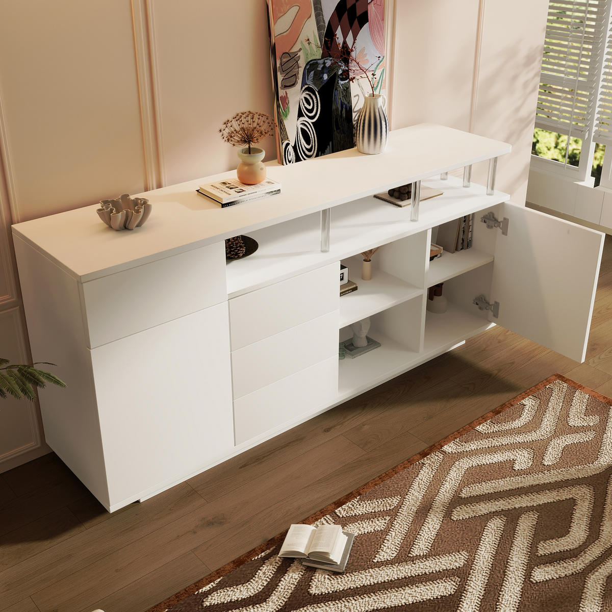 SIDEBOARD 160x40x75 cm Weiß mit LED und 4 Schubladen - Weiß, Holz (160/75/40cm) - FLIEKS