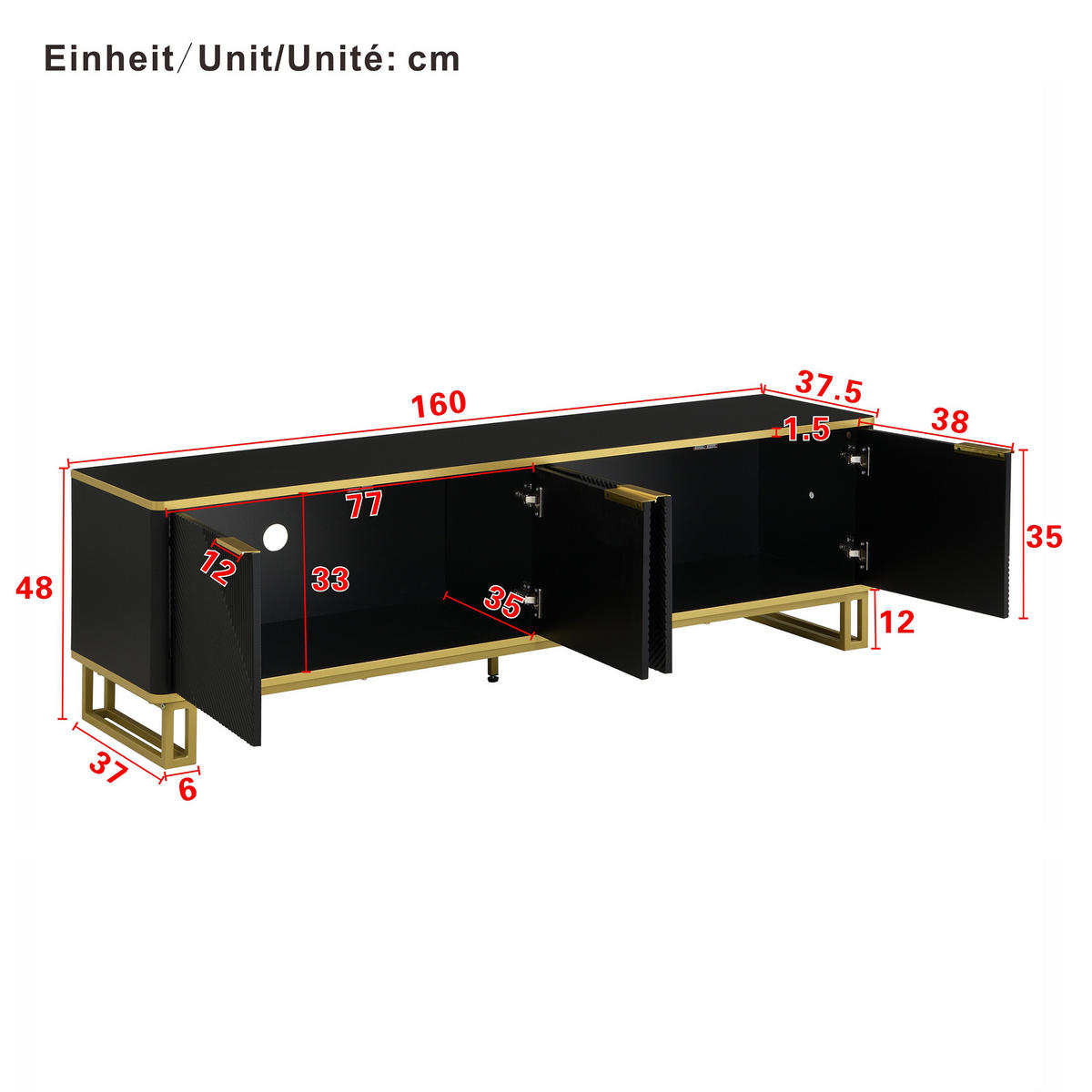 TV-SCHRANK 160cm 4 Türen geometrisch modern Stauraum - Schwarz, Holzwerkstoff (37.5/48/160cm) - FLIEKS