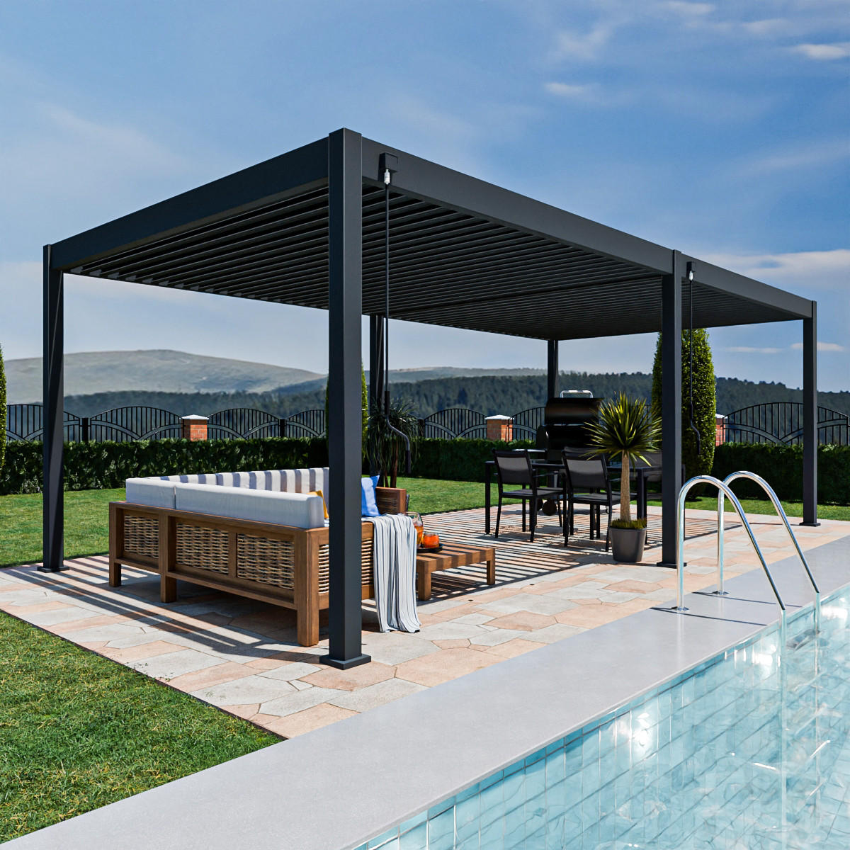 PERGOLA Terrassenüberdachung Superior Aluminium freistehend | 3,6 x 7,2 M | Lamellendach anthrazit - Anthrazit, Metall (720/255/360cm) - PergoLine