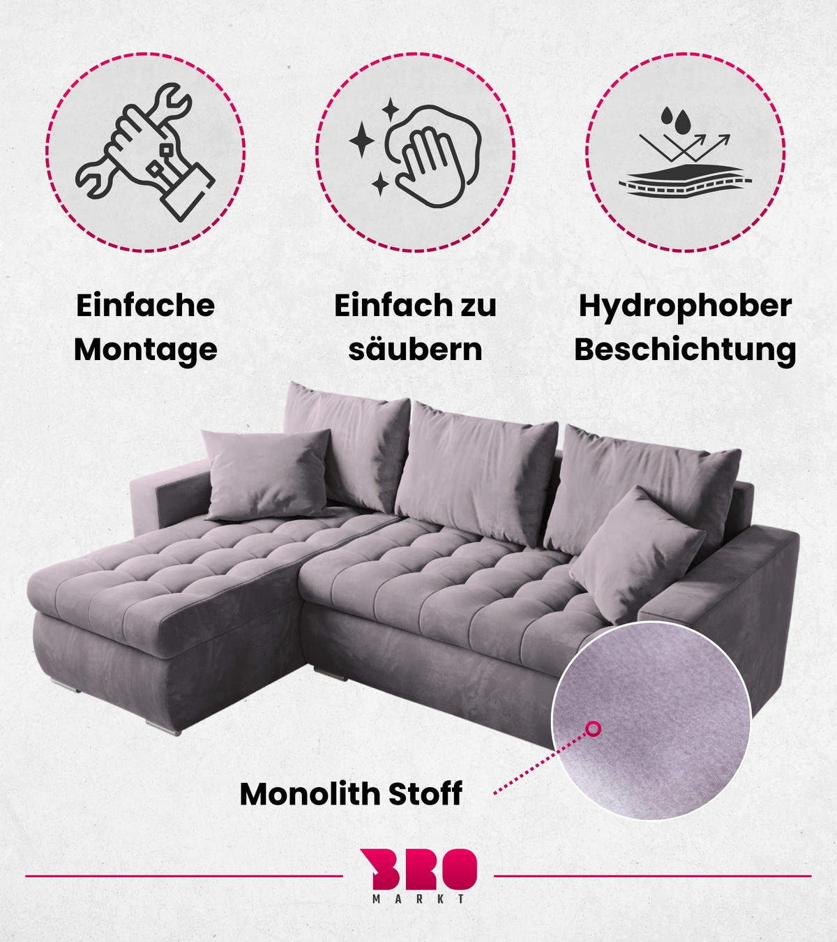 ECKSOFA Luis mit Schlaffunktion Puderrosa Samt - Silberfarben/Rosa, Kunststoff/Textil (148/238cm) - Bromarkt