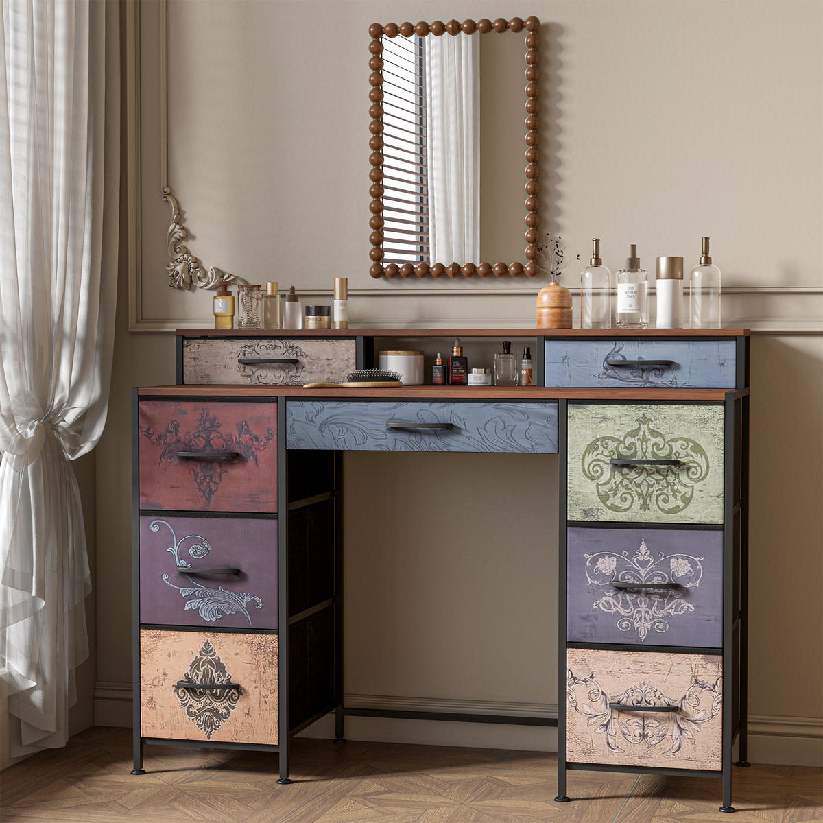 SCHREIBTISCH mit 9 Schubladen, Schminktisch Konsole, 121×40×91 cm - Schwarz, Holz (120/40/90cm)