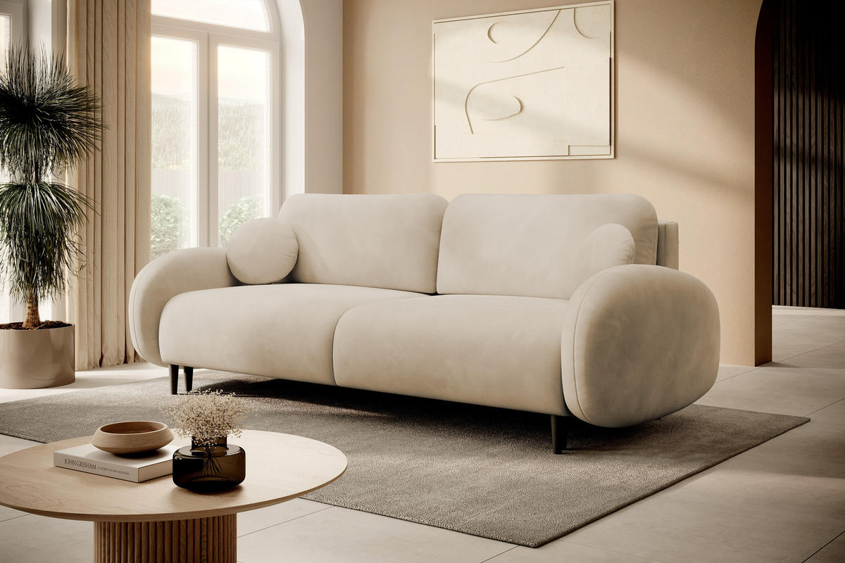 SOFA SOFT RunAgin Mit Schlaffunktion Und Bettkasten, PUR-Schaum, Schwarze Kunststofffüße, lose Rückenkissen, freistehend, 232x109x95 cm Beige - Beige, Holz/Textil (232/95/109cm) - DomoHome