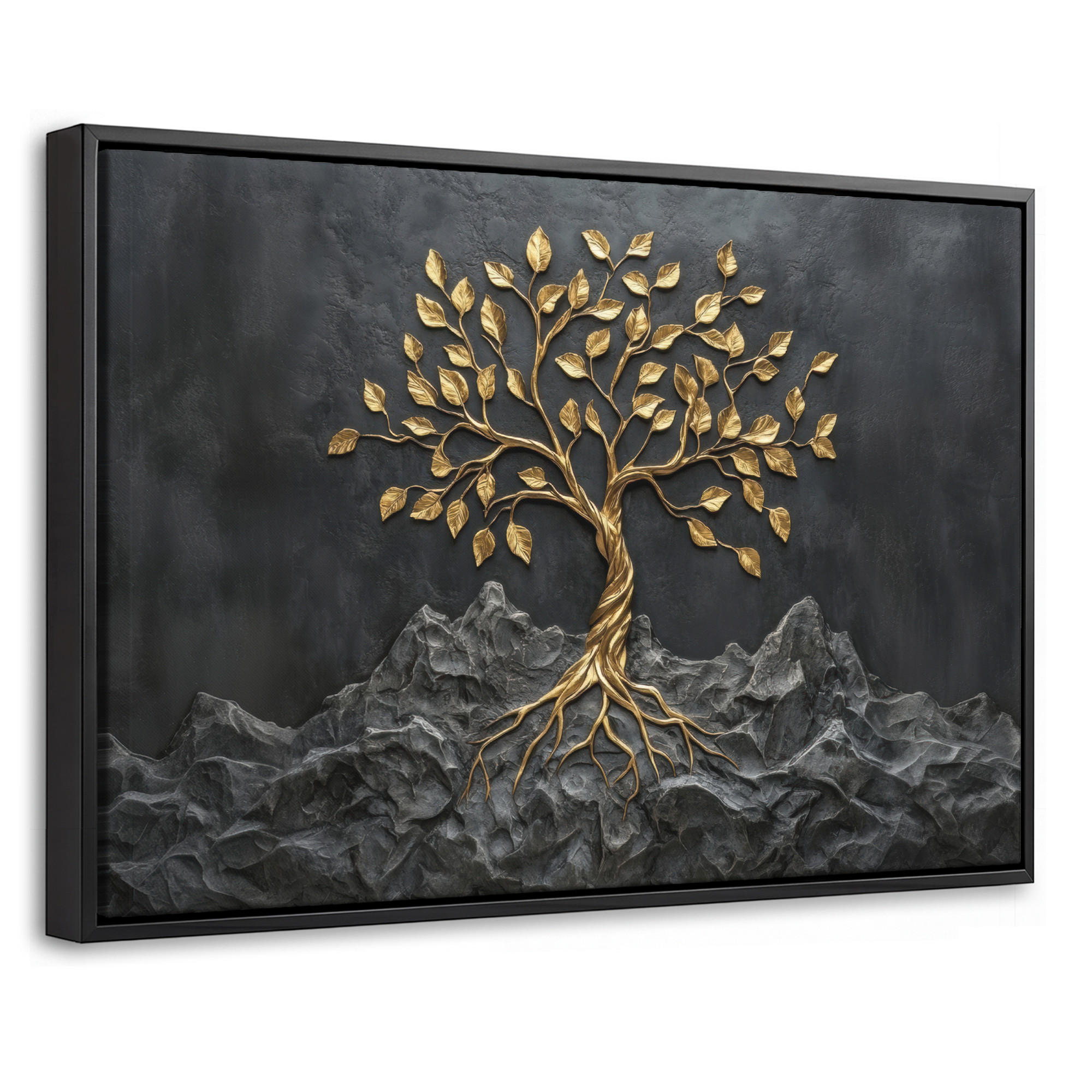 LEINWAND Bilder mit Rahmen - Blätter - Gold - Baum - Fels - 60x40 - Schwarz, Textil (60/40cm) - MuchoWow