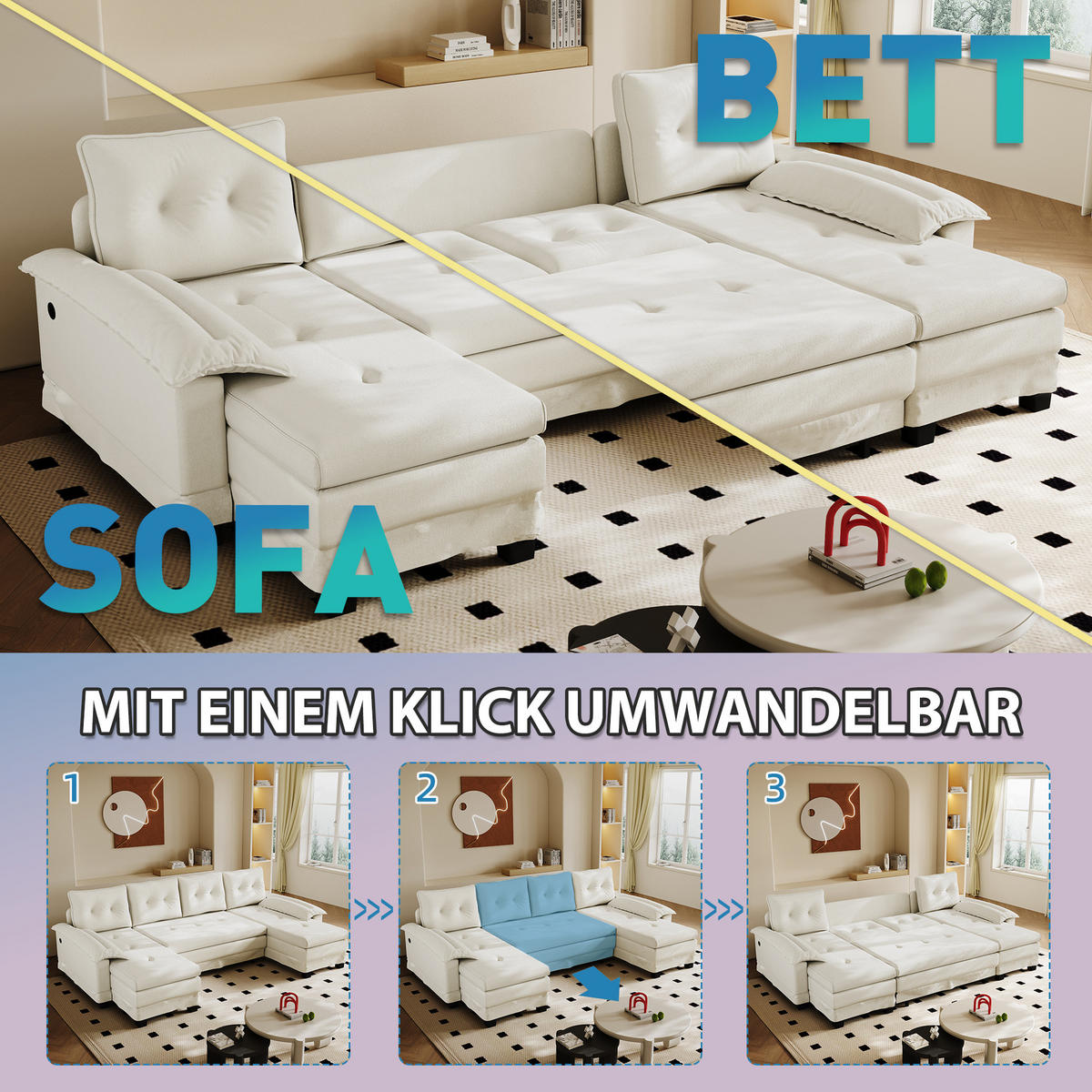 ROHOVÁ sedacia súprava z chenilu 278x127x87 cm béžová s USB, rozkladacím lôžkom a odnímateľnými opierkami - béžová, textil (278/127cm) - Modfu