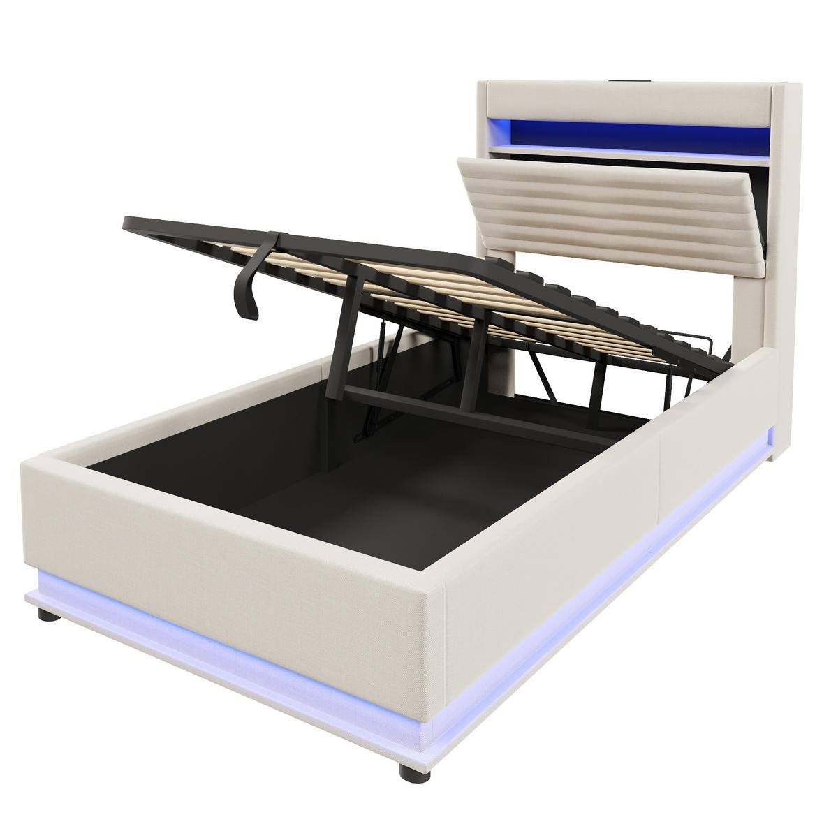 POLSTERBETT 90/200 cm Beige mit USB-Typ-C-Anschluss, LED-Beleuchtung und Ablagefach - Beige, Textil (90/200cm) - Oxeza
