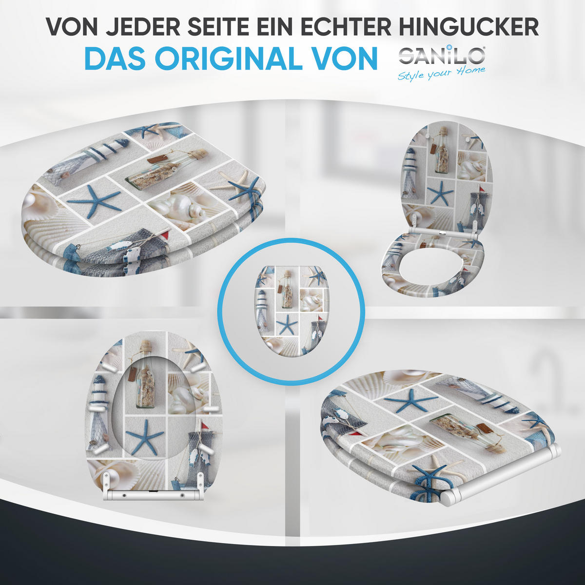 WC-SITZ mit Absenkautomatik & Top Fix Meeresbrise - Blau, Holzwerkstoff (37.7/5.5/48cm) - Sanilo