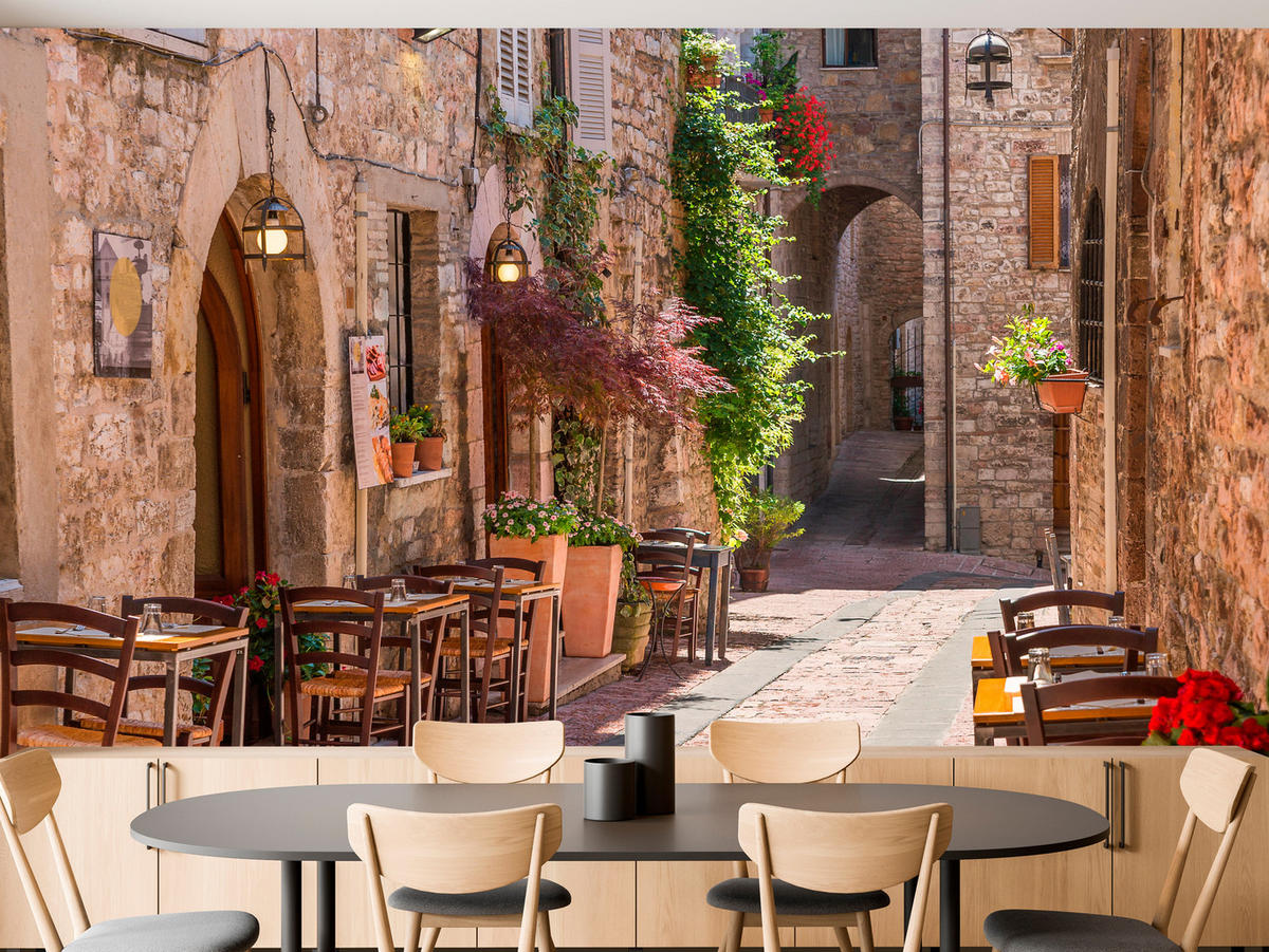FOTOTAPETA Pre Obývaciu Izbu Talianska Kamenná Ulica S Reštauráciou Rustikálna 500 x 350 cm - oranžová/hnedá, papier (500/350cm) - Muralo