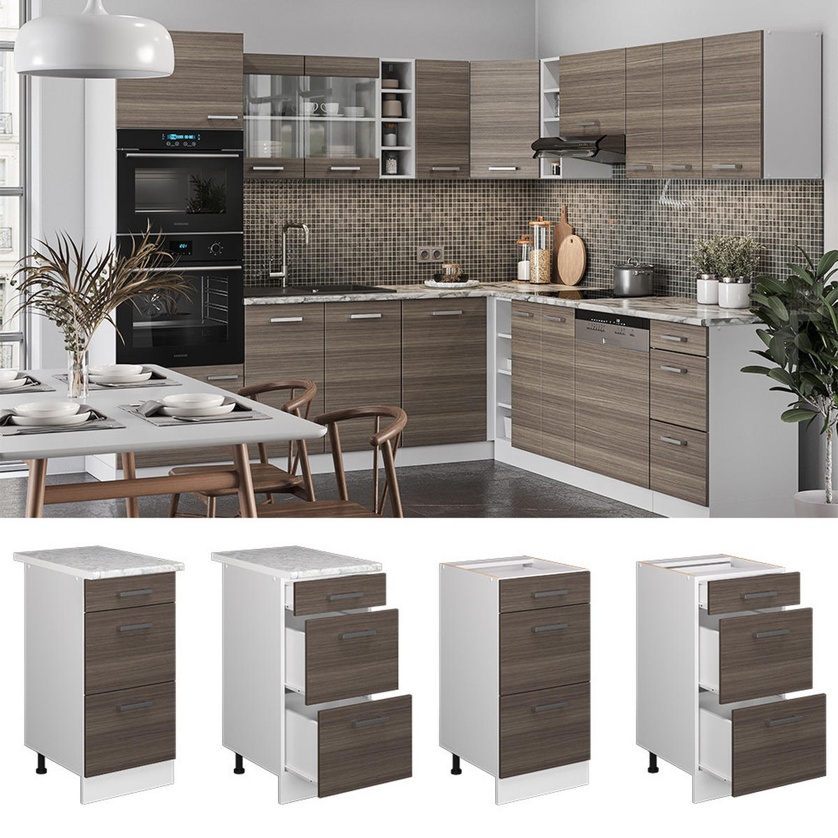 KÜCHENUNTERSCHRANK R-Line Grau 40 cm mit Schubladen, AP Eiche - Weiß/Braun, Holzwerkstoff (40/81.6/60cm) - Vicco