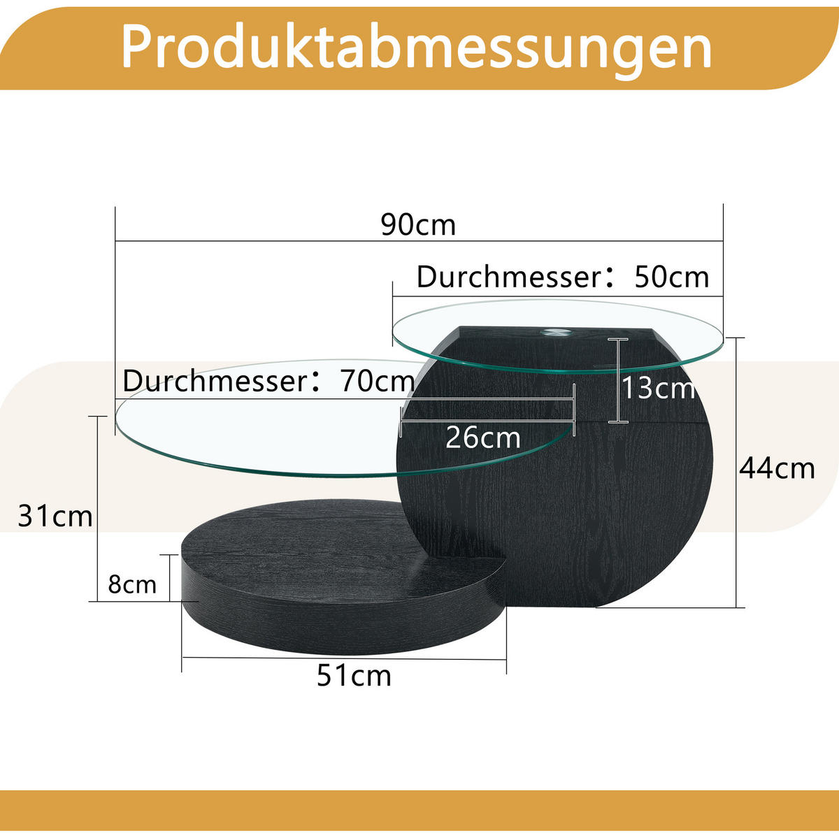 COUCHTISCH 70/70/44 cm mit Sicherheitsglas, mehrstufigen Ablagen und MDF-Gestell, Schwarz/Transparent - Transparent, Holzwerkstoff (70/70/44cm) - Redom
