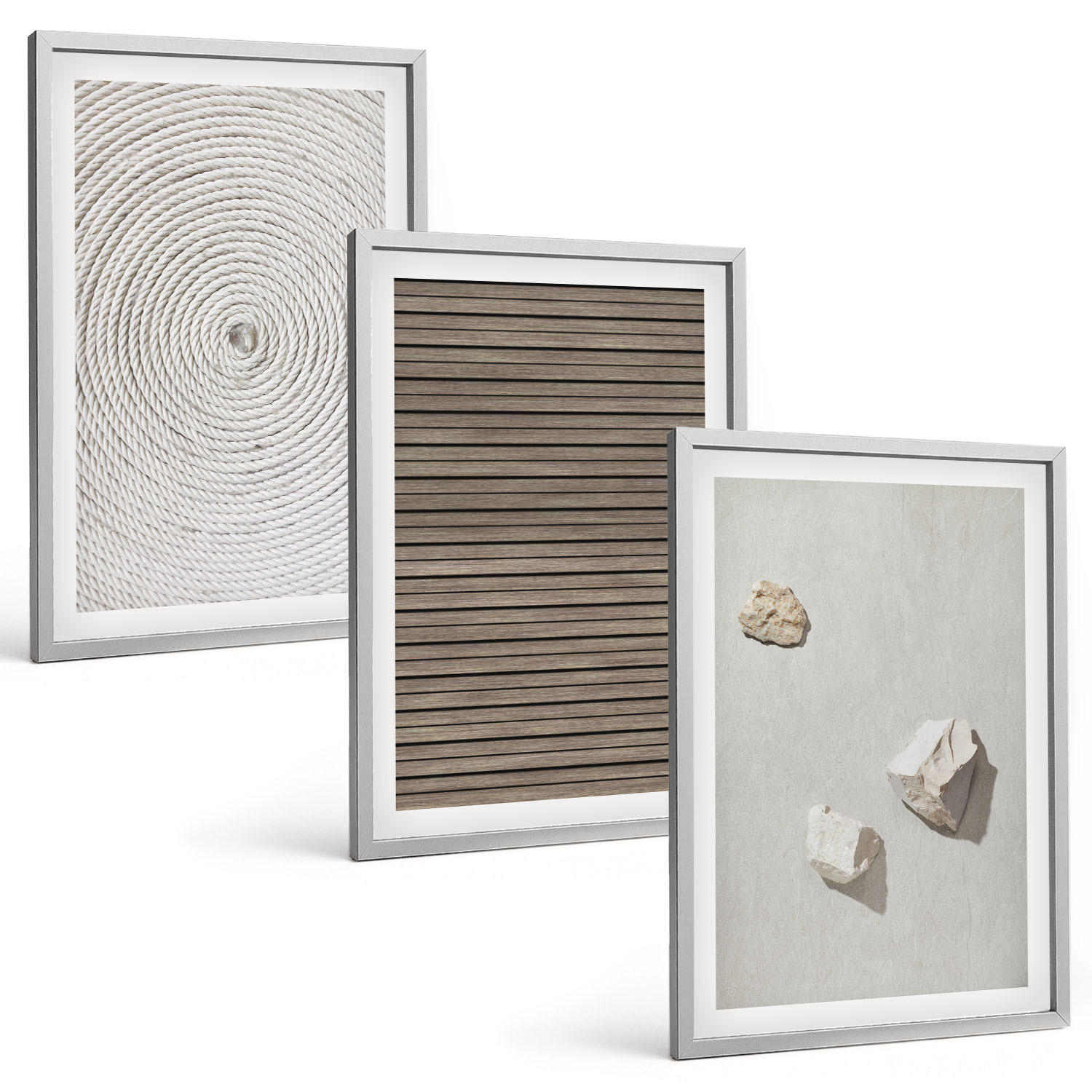 BILDER SET 3er Set - 40x60 cm Silberner Rahmen - Natürliche Texturen Holz Stein - Silberfarben, Kunststoff (40/60cm) - TULUP