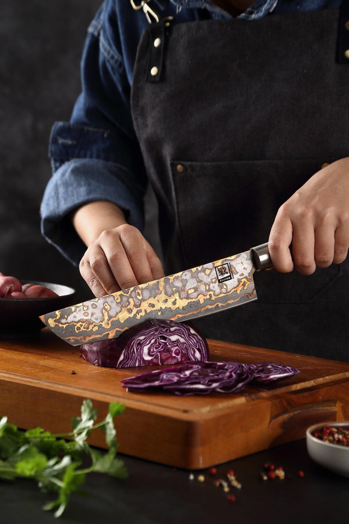 TANTO Chefmesser MysticMagma Damast - Braun, Holz/Metall (34cm) - Zayiko