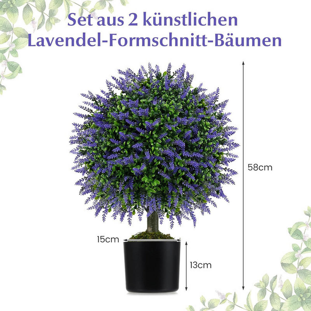 KUNSTPFLANZE mit lavendelfarbenen Blättern grün(2er-Set) - Grün, Kunststoff (58cm) - COSTWAY