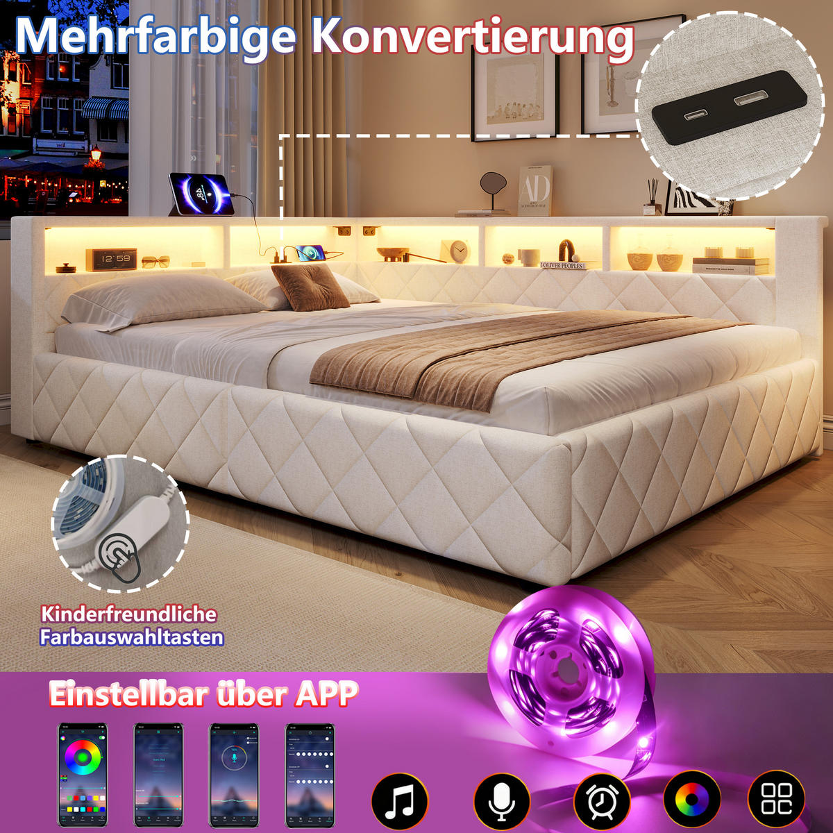 SCHLAFSOFA 140 x 200 cm, Beige, Leinen, LED, USB - Beige, Naturmaterialen (140/200cm) - FLIEKS
