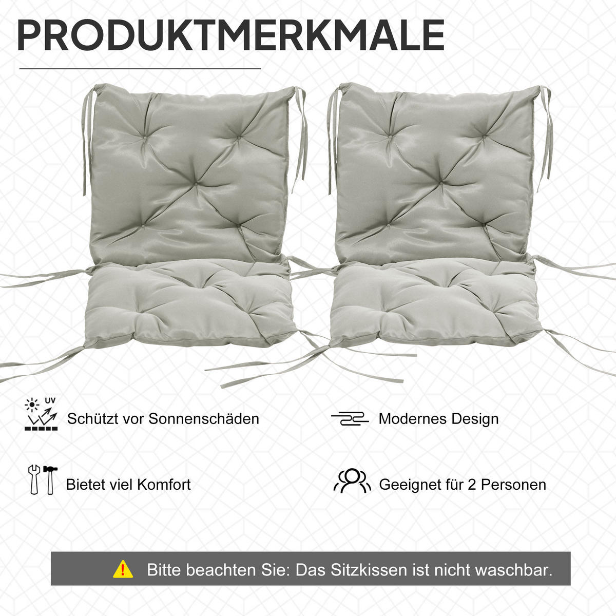 2ER-SET Sitzkissen, 98 x 50 cm Stuhlkissen mit Bindebänder, Stoffbezug 8cm dick - Hellgrau, Textil (50/8/98cm) - Outsunny
