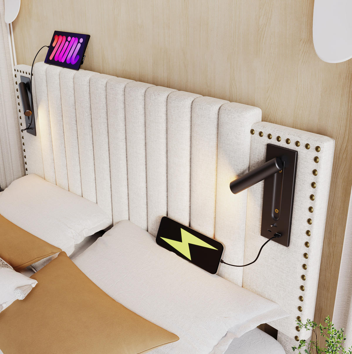 POLSTERBETT 160/200 cm mit Bettkasten, USB-C und verstellbarem Kopfteil - Beige, Textil (160/200cm) - BEAOK