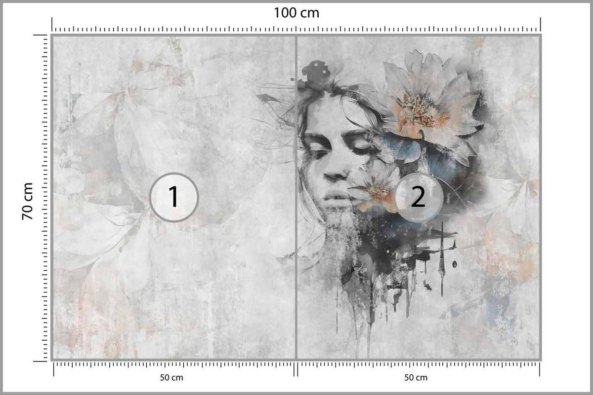 FOTOTAPETE für Wohnzimmer Gesicht Frau Grau Betonwand Blumen 100x70 - Grau, Papier (100/70cm) - Muralo