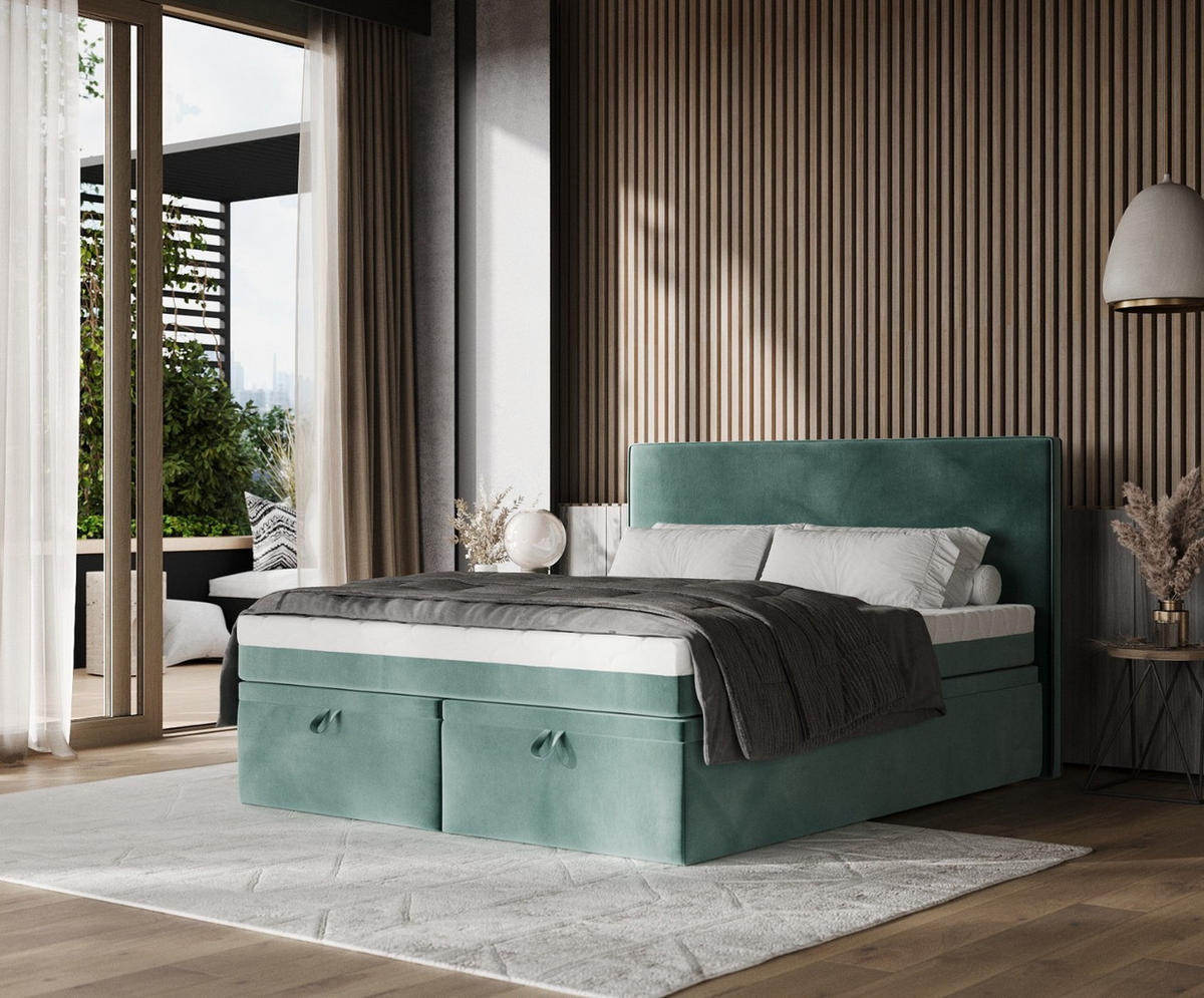 BOXBETT Zalla 160/200 cm Türkis im Kronos Stoff - Türkis/Schwarz, Holz/Holzwerkstoff (160/200cm) - AltaBeds