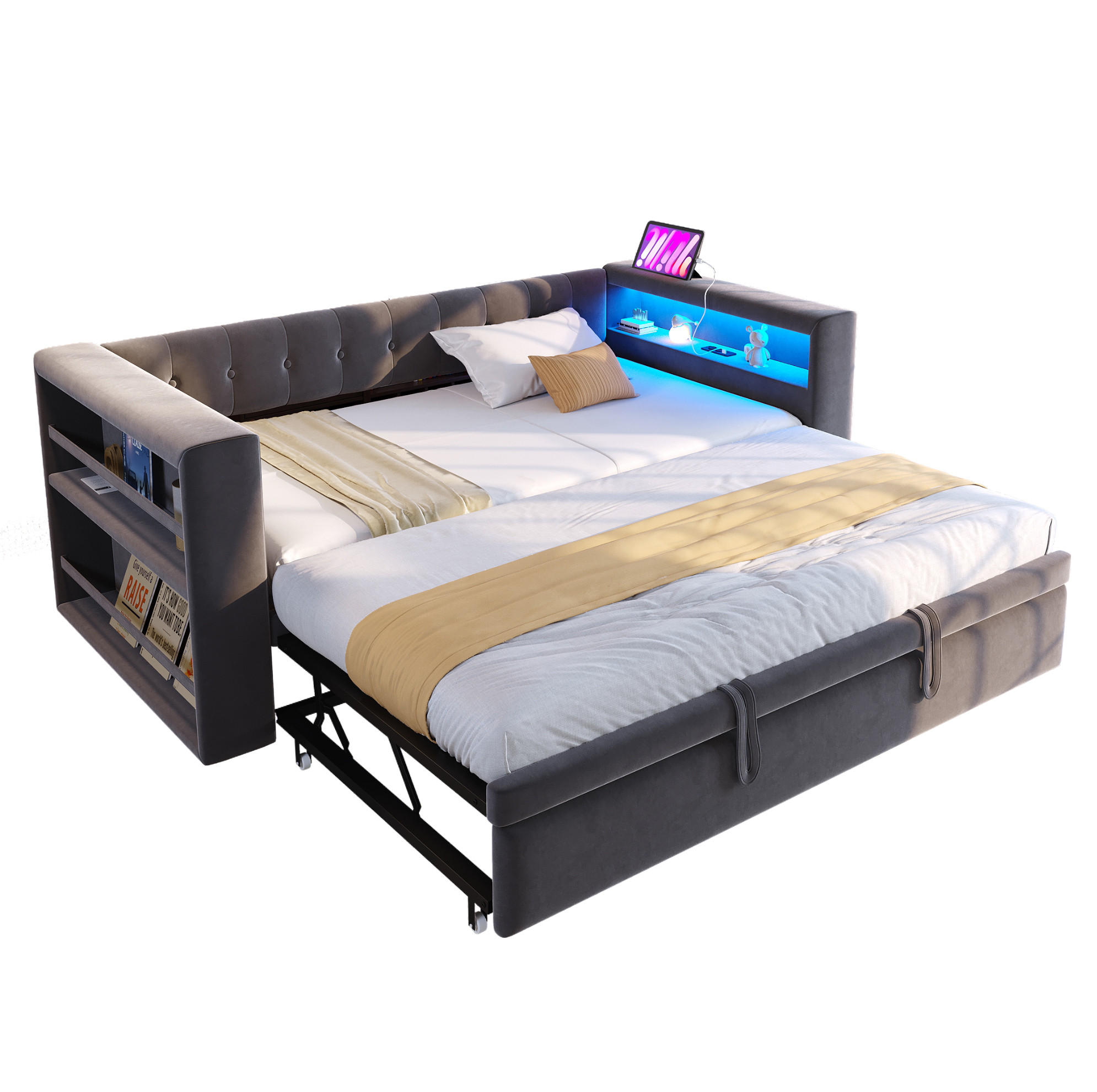 POLSTERBETT 90/180 x 190 cm aus Flannelette mit LED und Stauraum Dunkelgrau/Hellgrau - Dunkelgrau, Textil (90/180cm) - Modenvie