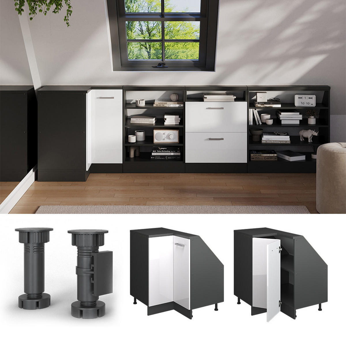 DACHSCHRÄGENSCHRANK ECKSCHRANK Rion Weiß Hochglanz/Anthrazit 75.6 x 81.6 cm mit 1 Tür - Weiß Hochglanz/Anthrazit, Holzwerkstoff (75.6/81.6/75.6cm) - Vicco