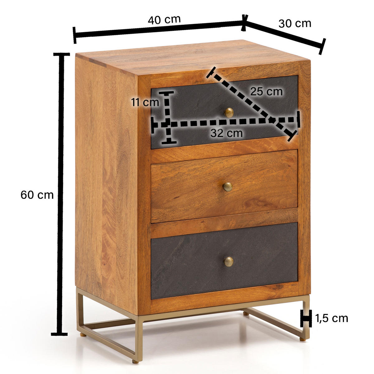 NACHTTISCH Massivholz Steinoptik 3 Schubladen Metallgestell, Braun 40x30x60 cm - Goldfarben/Braun, Holz/Metall (40/60/30cm) - KADIMA DESIGN