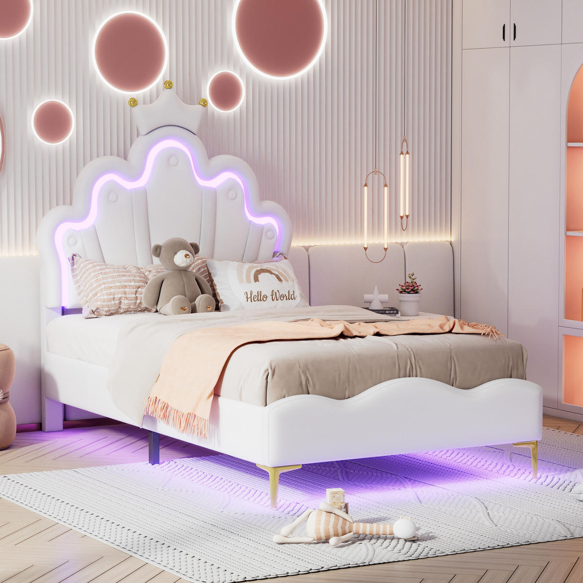 KINDERBETT 90 x 190 cm, Prinzessinnen, mit RGB-LED-Beleuchtung, gepolsterter Krone, höhenverstellbarem Bettgestell, Weiß - Weiß, Leder/Holz (190/90cm) - BursDany