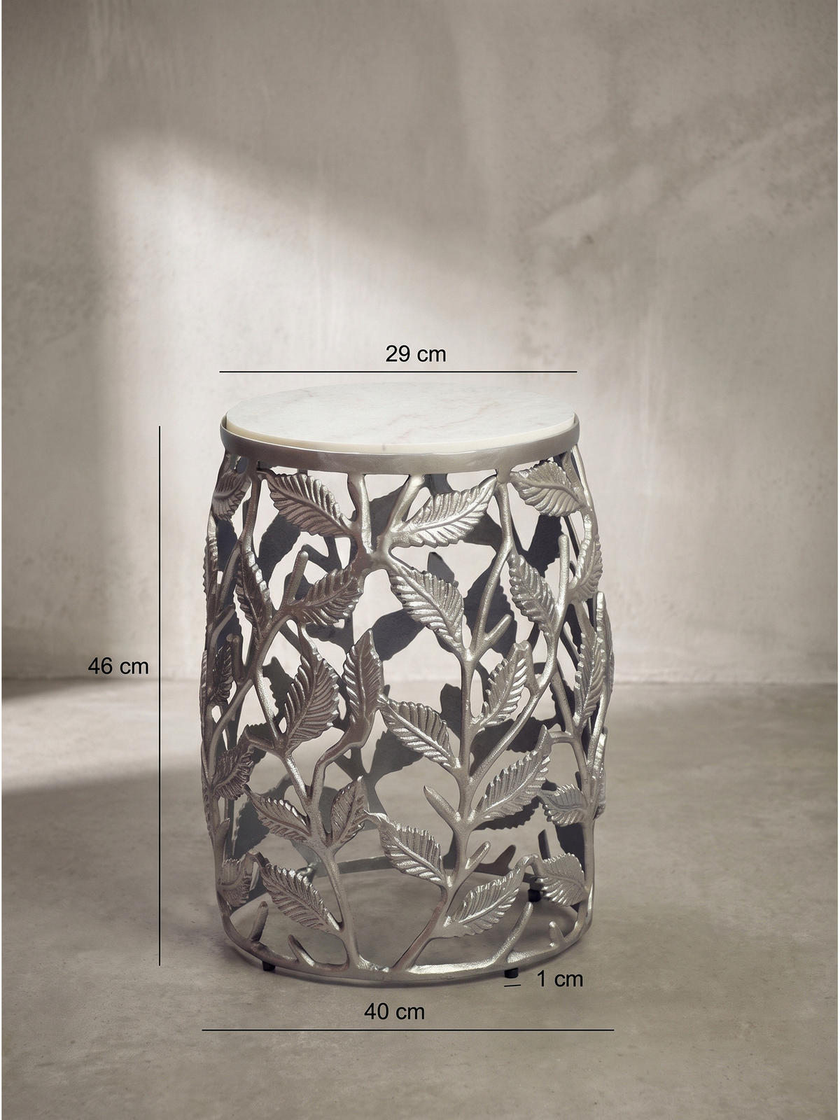 BEISTELLTISCH ALASSIO, Marmor, handgefertigt, Silber-Weiß, Ø 40 x 46 cm - Silberfarben, Stein/Metall (40/40/46cm) - KADIMA DESIGN