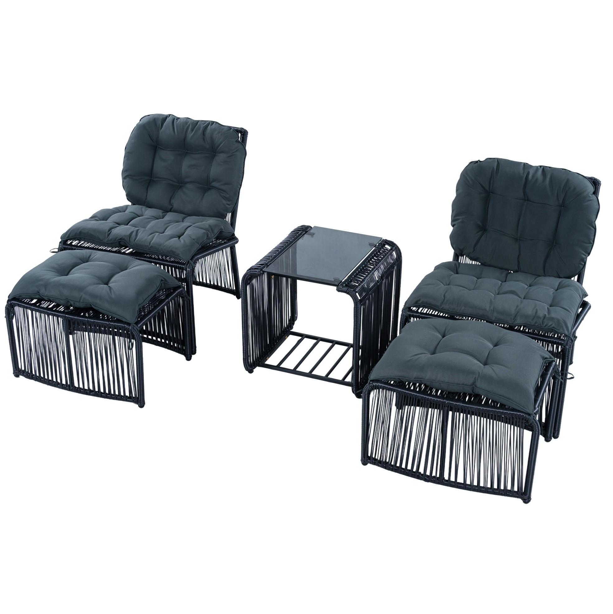GARTENMÖBEL-SET mit Tisch 51/51/50,5 cm und 2 Stühlen, mit Kissen und Glasplatte, Schwarz/Grau - Schwarz, Metall - Redom