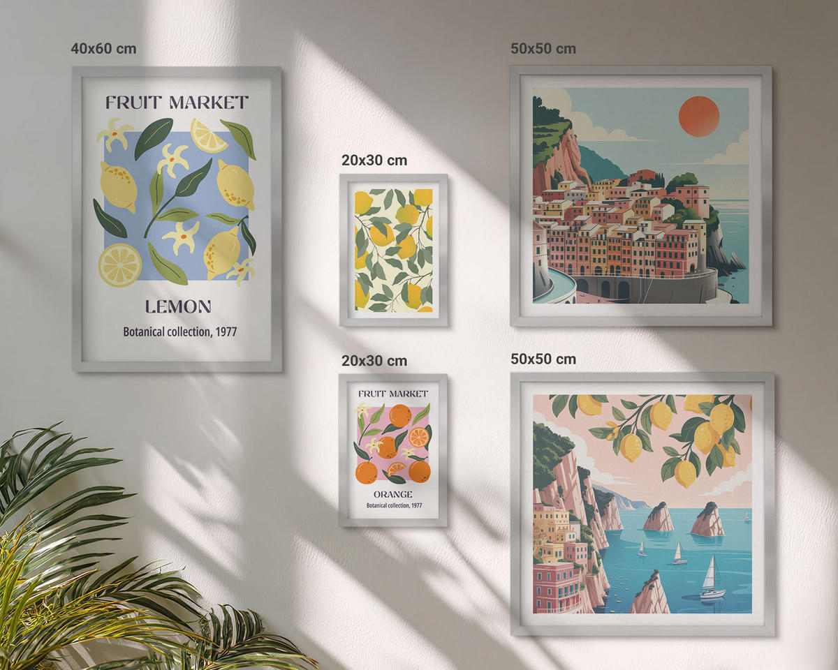 BILDER SET 5er Set - 50x50 cm & 20x30 cm & 40x60 cm Silberner Rahmen - Italienische Zitronenurlaube Capri - Silberfarben, Kunststoff (40/60cm) - TULUP