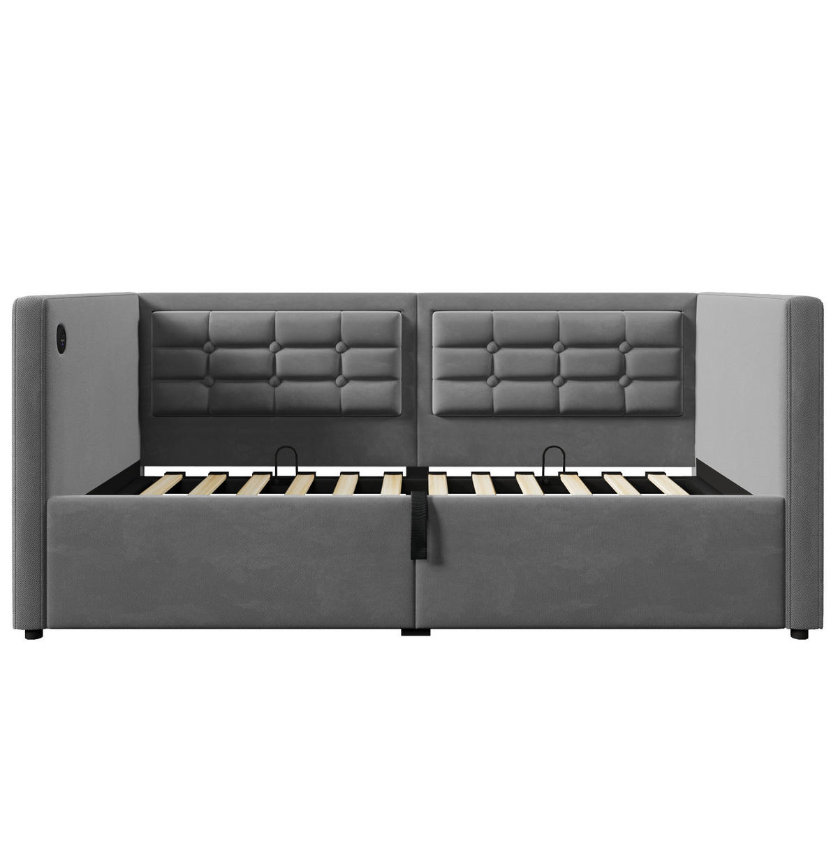 BETT 90/200 cm Grau mit Stauraum und USB- und Type-C-Anschlüssen - Grau, Textil (90/200cm) - Flora Grace