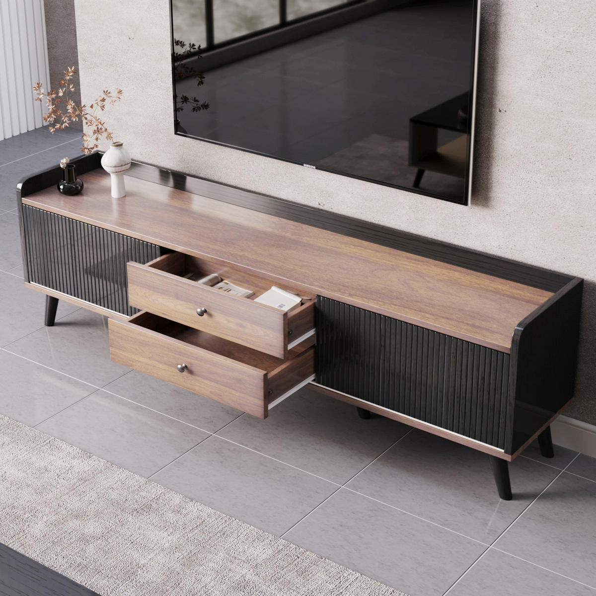 TV-SCHRANK mit zwei Schubladen, Schwarz und Holz 160/40/58 cm - Schwarz, Holzwerkstoff (160/58/40cm) - Redom