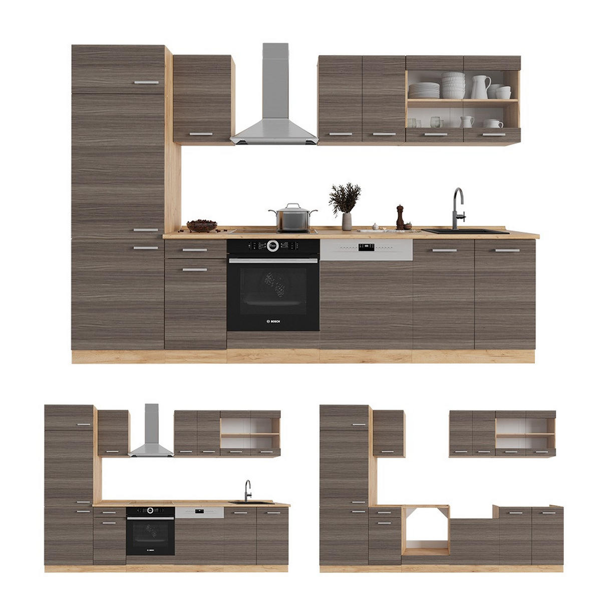 KÜCHENZEILE R-Line Edelgrau/Goldkraft Eiche 300 cm , AP Eiche - Honigeiche/Grau, Holzwerkstoff (300/81.6/60cm) - Vicco