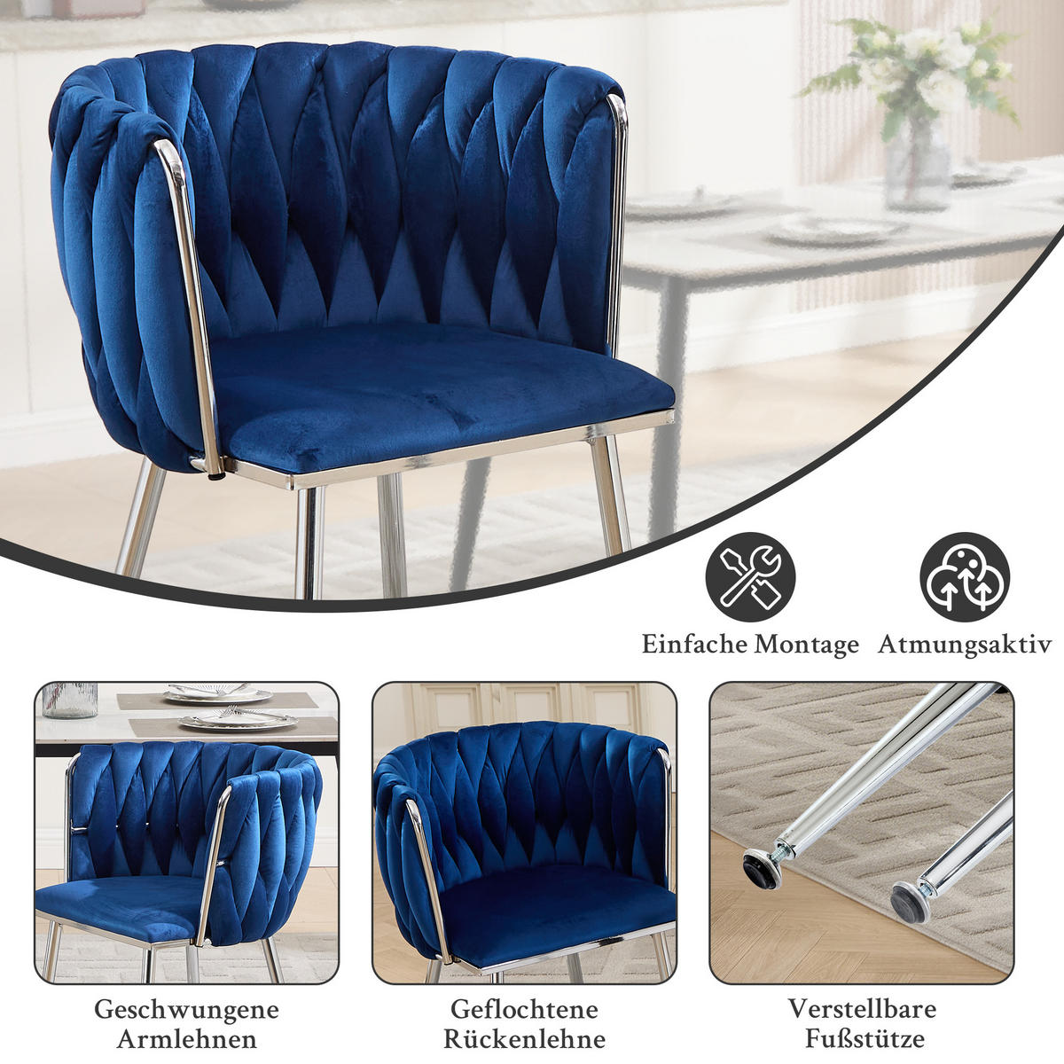 ARMLEHNSTUHL-SET DE-36443 2 Stück mit Samtbezug und Web-Design Marineblau - Blau, Metall (48/75/55cm) - ComfortXL