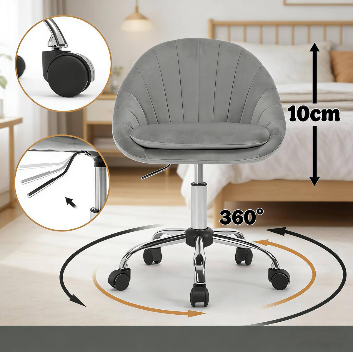 BÜROSTUHL höhenverstellbar drehbar Samt Light Grey - Hellgrau, Metall (52/82/47.5cm) - Meubliv