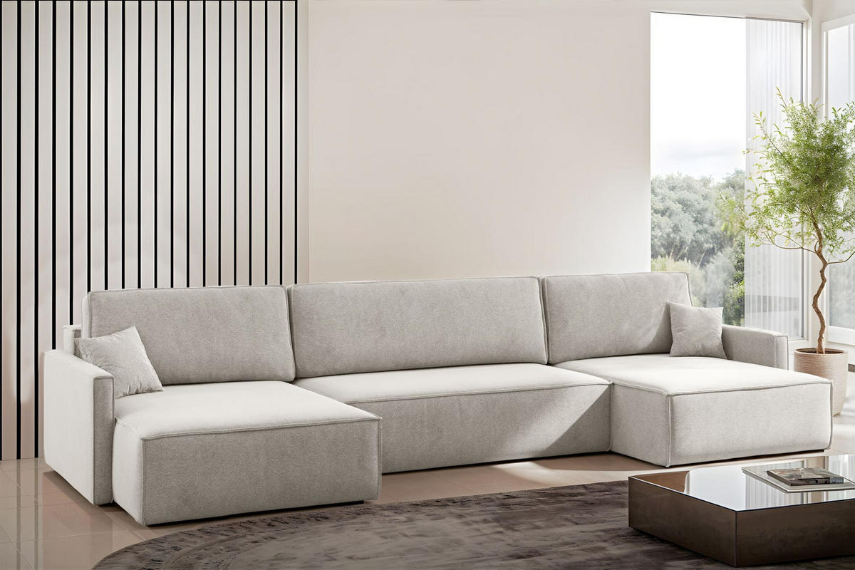 ECKSOFA Carlos U-Form Mit Schlaffunktion Und Bettkasten Stoff Salvador Hellgrau - Hellgrau, Holz (348/142cm) - Kaiser Möbel