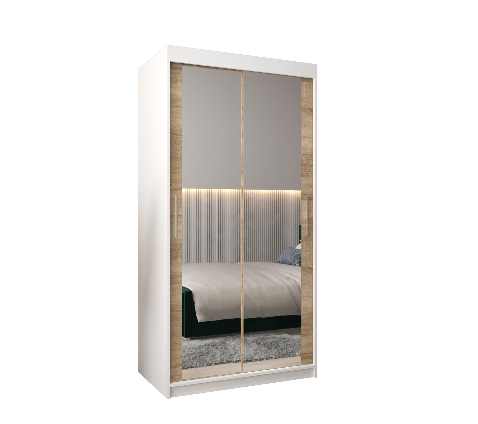 Abiks Möbel SCHWEBETÜRENSCHRANK Weiß, Sonoma Eiche 100cm × 62cm × 200cm