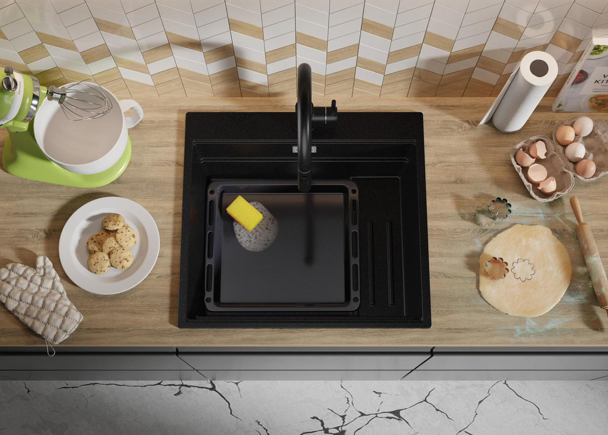 SPÜLBECKEN Oslo Max, 2-er set Alles Schwarz 58/53 cm 1 Becken + Ablauf-Set + Küchenzubehörset ab 60er Unterschrank - Schwarz, Kunststoff (58/20/53cm) - Primagran